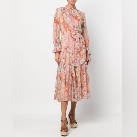 Zimmermann Kaleidoscope Floral-Print Belted Midi Dress in Red Multi Swirl Size 0 - Picture 2 of 11